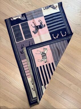 Equestrian Print Square Scarf in Navy and Blush - Cotton/Acrylic Blend - NWT